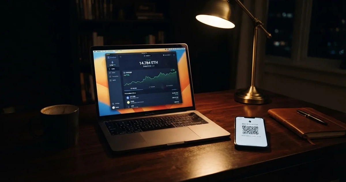 A laptop screen shows a cryptocurrency wallet balance next to a phone displaying a QR code, on a desk at night.