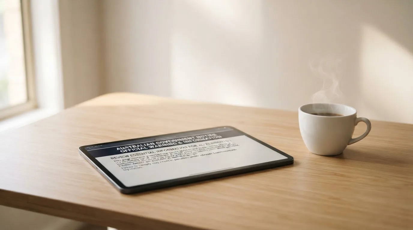 A tablet on a desk displays a plain government-style warning notice page, with a coffee cup beside it.