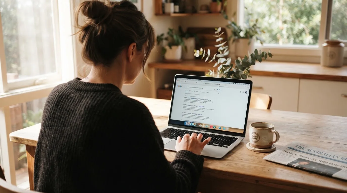 A person sits at a kitchen table, scrolling a laptop showing a general search results page about withdrawal timeframes.