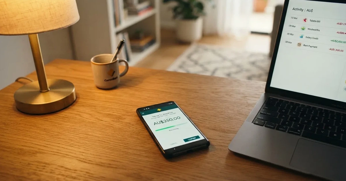 Close-up of a smartphone banking app open beside a laptop on a home desk, mid-transfer.