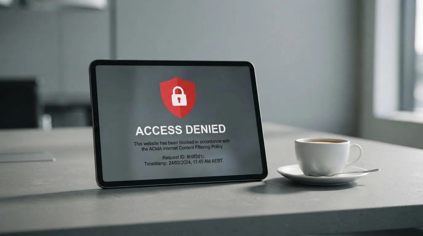 A tablet on a desk displays a plain government-style warning notice page, with a coffee cup beside it.